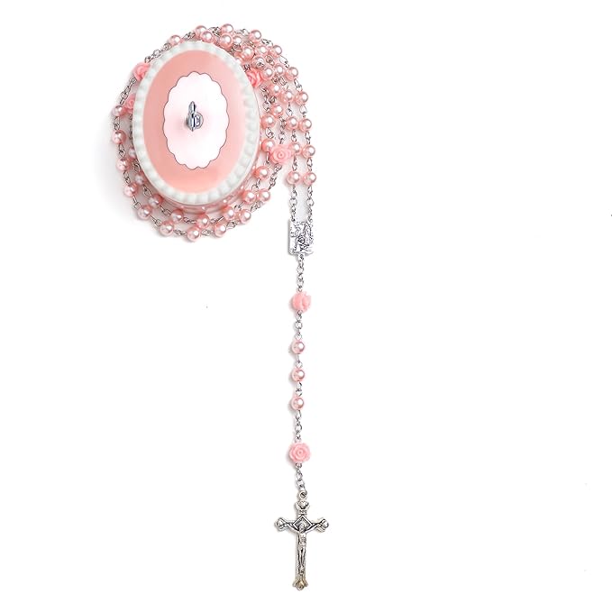 Baptism Gifts for Girl - My First Rosary with Keepsake Box, First Communion Gifts for Girls, Baptisms Gifts for Boys or Girls Christening. Pink Rosary, Ceramic Box and Gift Packaging