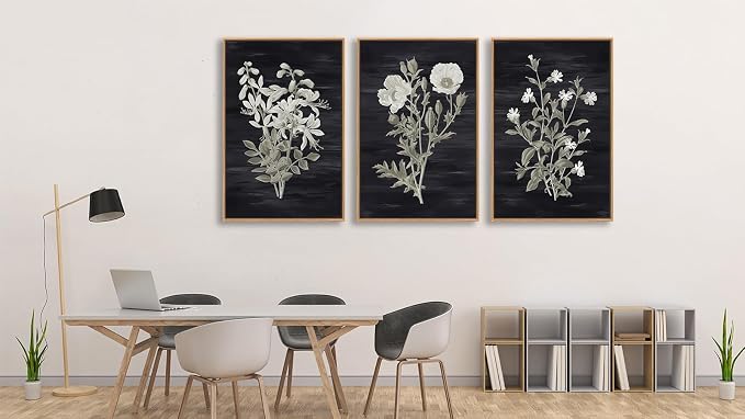 Large Botanical Wall Art for Living Room Natural Wood Float Framed Art Set of 3 Flowers Pictures Artwork Green Leaf Canvas Prints for Bedroom Kitchen Home Office Wall Decor 16"X24"X3