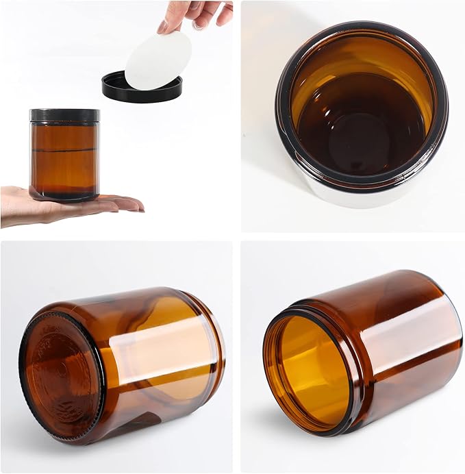 24 Pack 8 oz Amber Glass Jars with Black Lids | Airtight Refillable Containers for Candle Making, Lotions, Body Butter, Creams, Beauty Products & Dry Goods