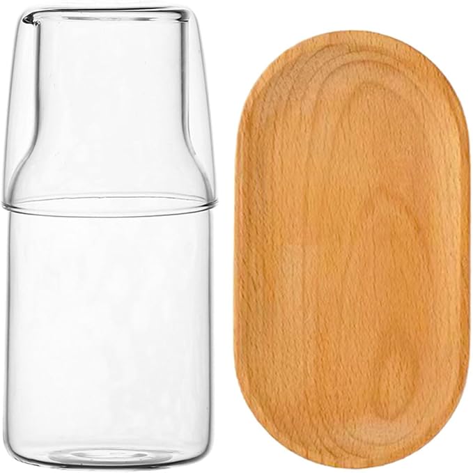 PRETYZOOM Bedside Carafe with Cup and Tray Transparent Glass Water Carafe Set for Nightstand Bedroom or Bathroom 16 Oz Drinking for Water Tea and Mouthwash