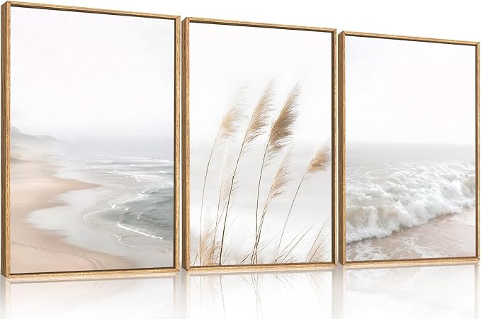 LHIUEM Large Neutral Coastal Reed Framed Canvas Wall Art,Modern Beach Natural Wall Decor,Boho Ocean Waves Picture,Minimalist Beige Seascape Artwork for Living Room,Bedroom,Dining Room -16"x24"x3