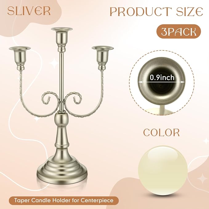 Dandat 3 Pcs 3 Arm Metal Candelabra Candlestick Holders Tall Candlestick Holders Gothic Candle Holder for Home Wedding Church Christmas Party (Retro,11.8 Inch,Matte Silver)