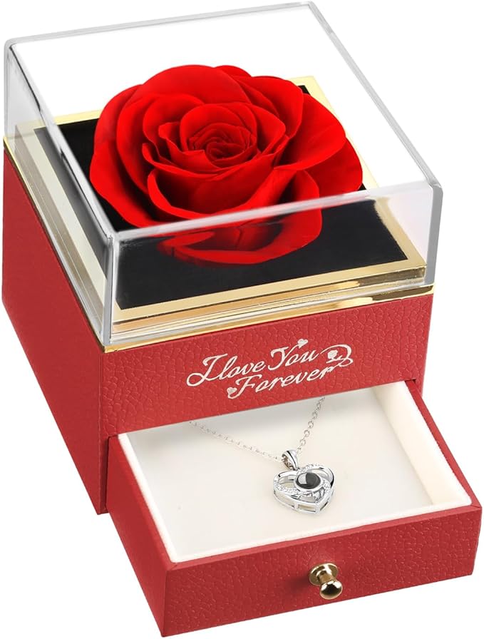 ASELFAD Preserved Real Rose with Heart Necklace -I Love You Forever Eternal Rose for Her, Mothers Day Flowers Gifts for Mom, Wife, Anniversary or Birthday Gifts for Women, Red