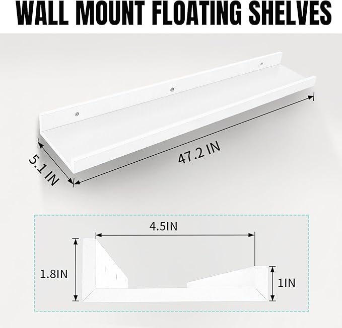 LaVie Home Floating Shelves for Wall Storage Set of 4, 47.2 Inch Picture Ledge Shelf, White Wall Shelves with Lip for Kitchen, Bedroom, Bathroom, and Living Room