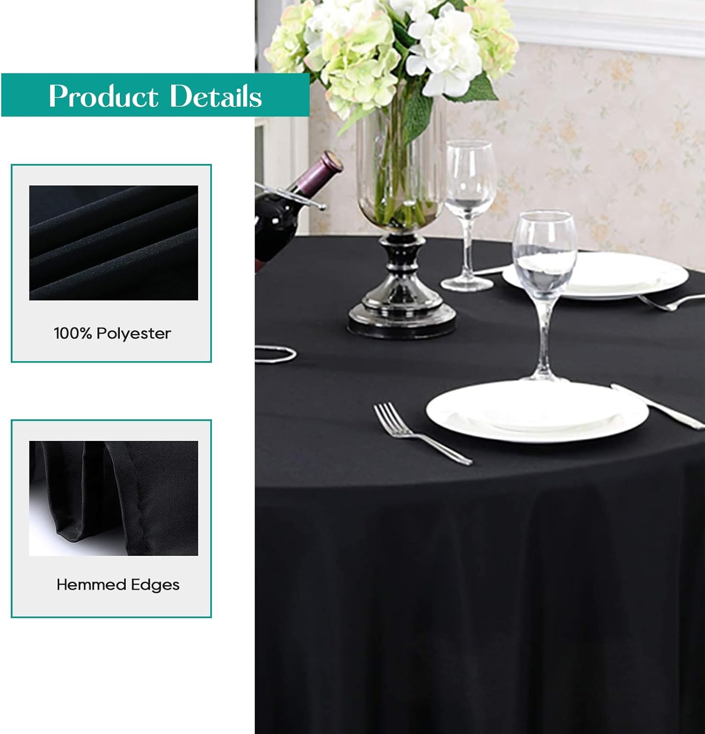 Surmente 132 inch Round Tablecloths -2 Pack Black Round Table Cloths, Polyester Fabric Table Covers for Wedding, Party, Banquet, or Restaurant