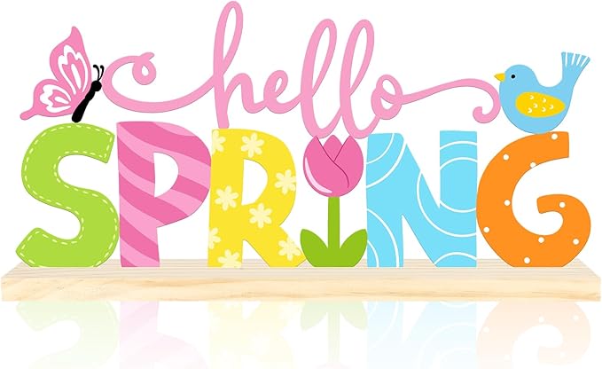 Metal Hello Spring Table Sign, Hello Spring Tabletop Decoration with Wood Base, Springs Table Centerpiece Decor for Home, Office, Shelf, Indoor, Mantel Party Supplies