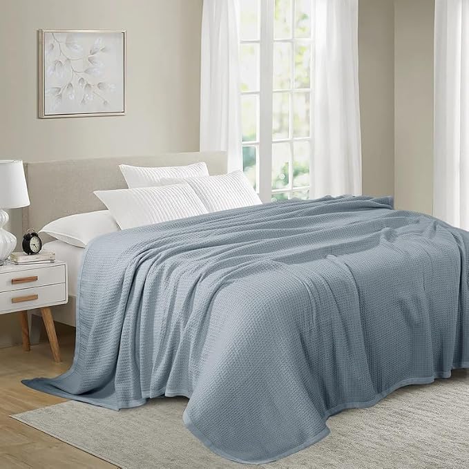TreeWool Premium 100% Cotton Waffle Summer King Blanket (90"x108", Gray) | 420 GSM Breathable Lightweight Moisture Wicking Soft Knit Thermal Blanket for Bed or Sofa All-season Comfort Machine Washable