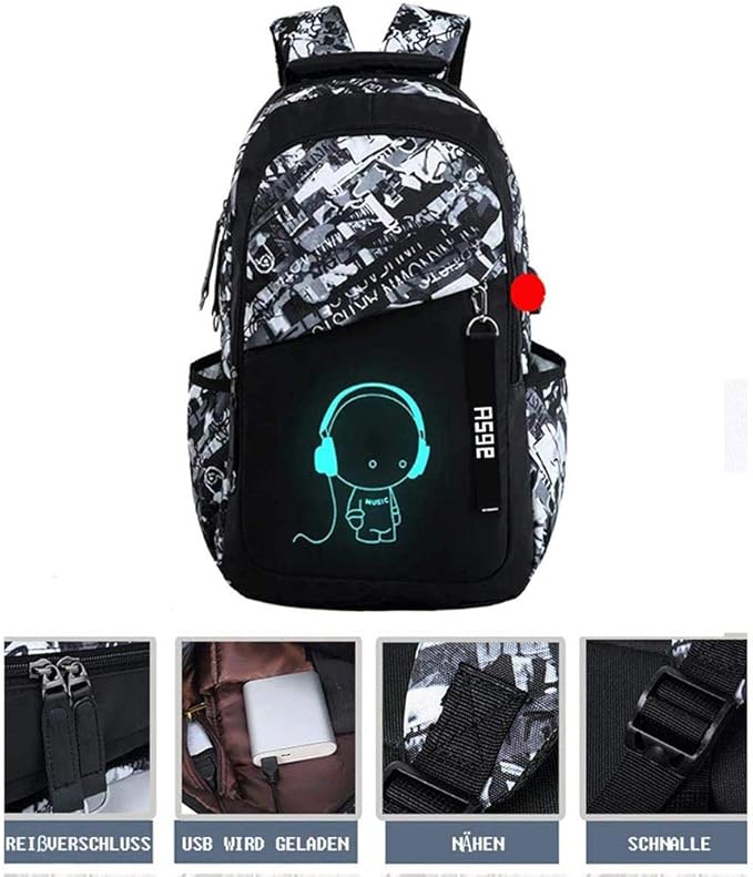 Asge School Backpack for Boys Print Backpack Teenagers Nylon Large School Bag Outdoor Reflective Daypack