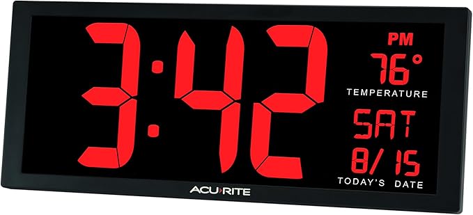 AcuRite 14.5" Large Digital LED Oversized Wall Clock with Date and Temperature, Perfect for Home or Office (75127M), Red