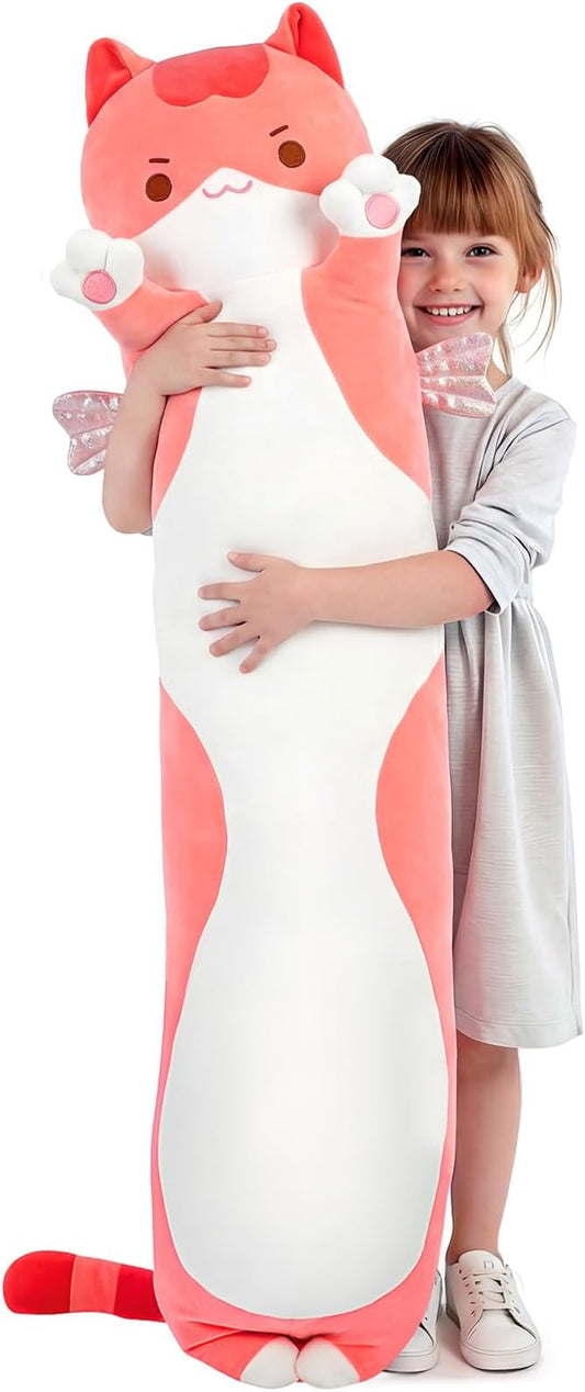 Mewaii Long Cat Plush 5 Sizes, 120% Extra Filling Giant Plushness Kids Body Pillow, Kawaii Cute Pink Cat Stuffed Animals Plushies, Big Long Body Pillow Cat Plush Gift for Girls 53”