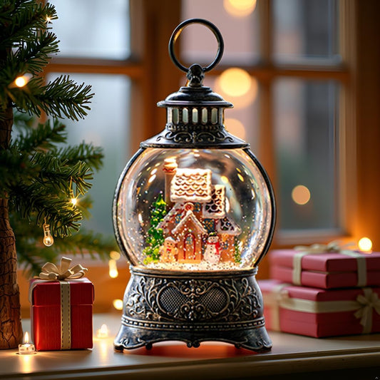 Christmas Snow Globes Christmas Water Lantern with Gingerbread Man & Snowman, Music & 6H Timer, USB Lined/Battery Operated Lighted Lanterns for Xmas Festival Decoration Gifts