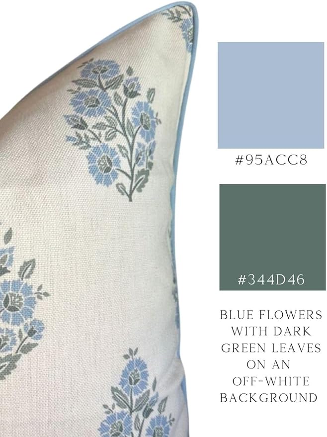 Jillien Harbor “The Camille” Decorative Pillow Cover – Blue & Whitel Floral Block Print Pillow Cover – Grandmillennial Home Decor, 24" x 24"