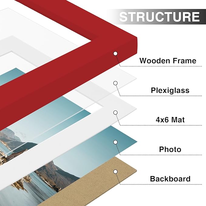Vittanly 5x7 Picture Frames Set of 9, Shatter Resistant Plexiglass, Display 4x6 Pictures with Mat or 5x7 without Mat, Photo Frames for Wall or Tabletop, Engineered Wood, Red