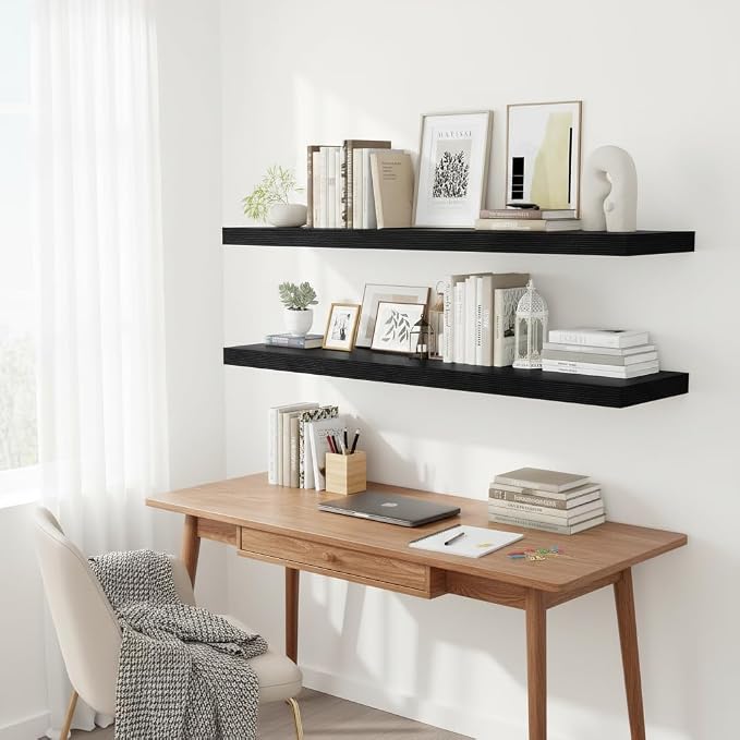 Vivelove 2 inch Thick Floating Shelves for Wall 48 Inches Long, 12" Deep Wall Shelves, for Bedroom, Bathroom, Living Room, Kitchen, Office, Modern Home Decor, 48" X 12" X 2", Set of 2, Black
