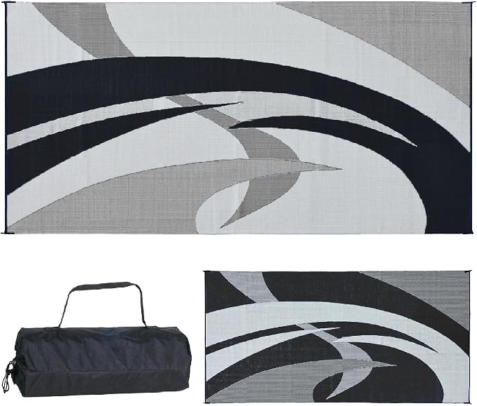 Stylish Camping 159181 9-feet by 18-feet Reversible Mat, Plastic Straw Rug, Large Floor Mat for Outdoors, RV, Patio, Backyard, Picnic, Beach, Polypropylene (PP) , Camping (Black/White)