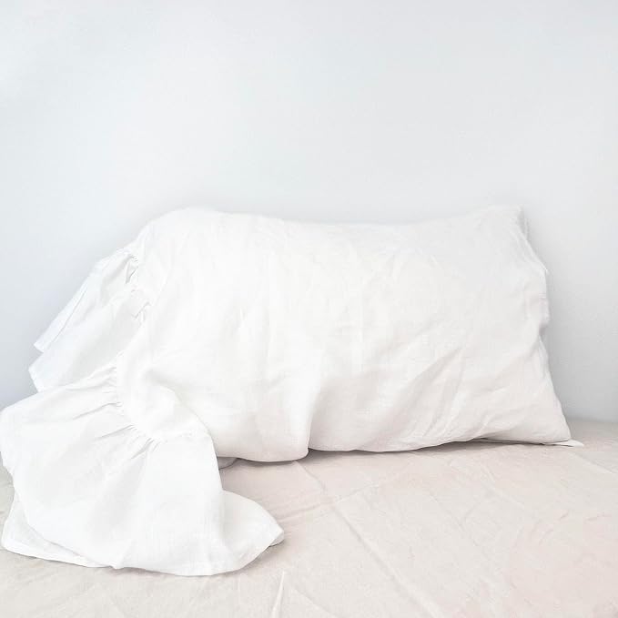 French Linen Pillow Case, 20x30'' Queen Size Pure 100% Linen Flax Pillow Cover 1 Pack, Ruffled Pillow Sham Soft and Breathable (Queen, White, 1 PCS)