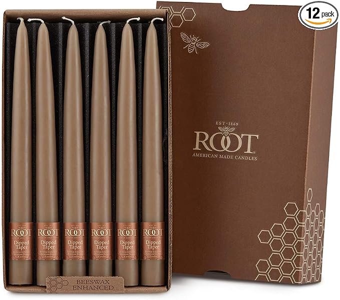 Root Candles 12-Count Unscented Taper Candles Smooth Hand-Dipped Dripless Beeswax Enhanced Boxed Candle Set, 9-Inch, Taupe