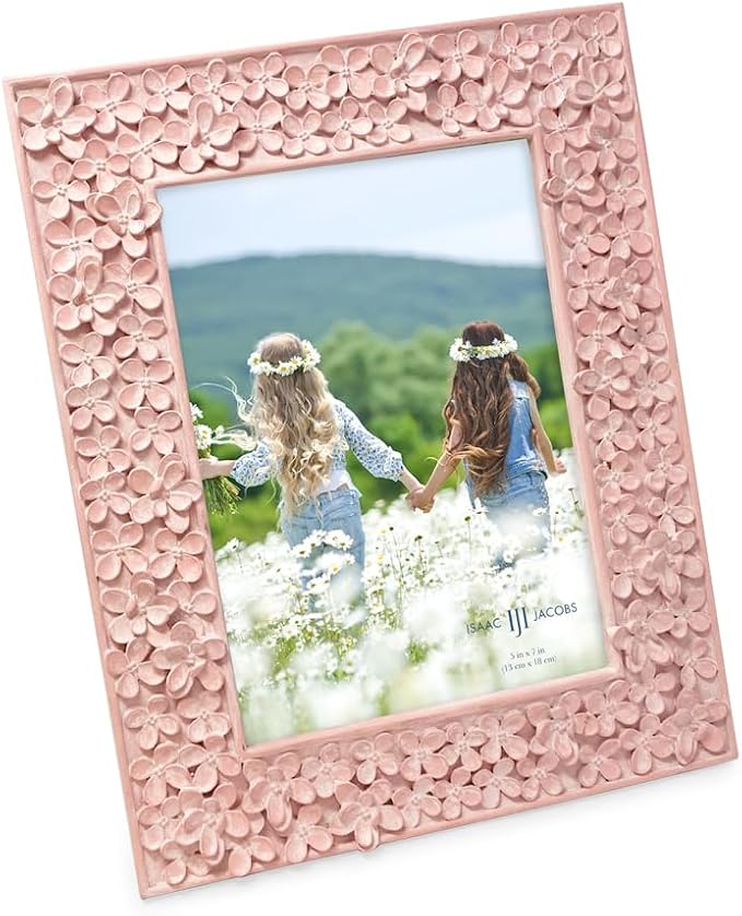Isaac Jacobs 5x7 Pink Flower Textured Hand-Crafted Resin Picture Frame w/Easel & Hook for Tabletop & Wall Display, Decorative Floral Design Home Décor, Photo Gallery, Art (5x7, Pink)