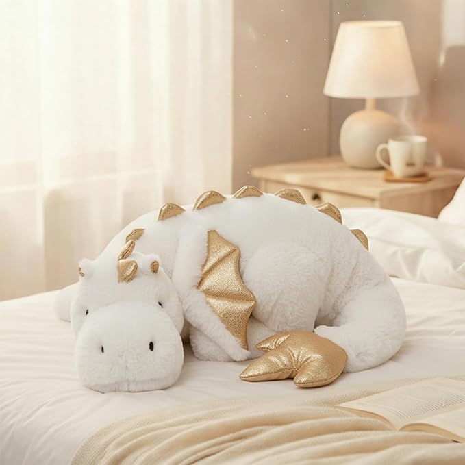 ARELUX Large 36in Cute Dragon Stuffed Animals Plush Toy Soft White Pterosaur Plushie Giant Fuzzy Dinosaur Pillow Plushies with Gold Wings Cuddly for Friends Family Member