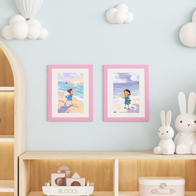 KINLINK 8.5x11 Kids Art Frame Set of 2, Solid Wood Kids Artwork Frames Changeable with Front Opening Hold 150 Pictures, Art Frames for Kids Art with Mat，without Mat 8.5x11 Picture Frame Light Pink