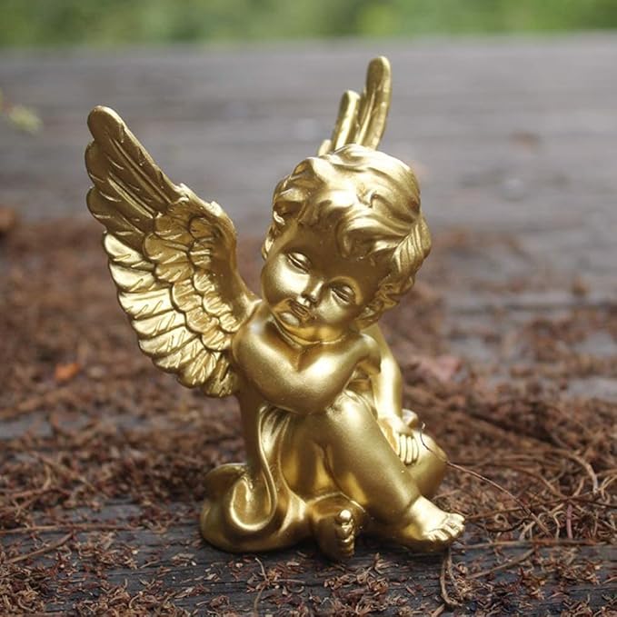 OwMell Set of 2 Cherubs Angels Resin Statue Figurine, Indoor Home Decoration, Adorable Angel Sculpture Memorial Statue 4" - Gold