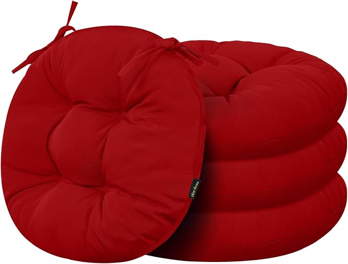 idee-home Outdoor Bistro Chair Cushions Set of 4, Round Seat Cushions | 15”x15”x 4” Thick Outdoor Round Seat Pads Tufted with Ties, Waterproof Patio Furniture Pads for Garden