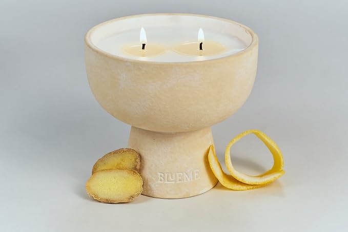 Blueme Happiness Candle | Yuzu & Ginger | 2 Wick - Refillable Wellness Candle with Essential Oils, Hand Finished & Poured Soy Wax Blend Ceramic Vessel, Natural Cotton Wicks | Medium 12 oz
