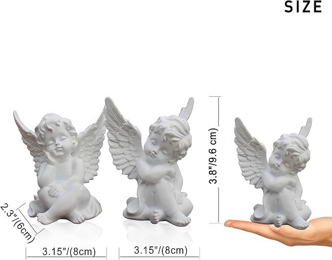 OwMell Set of 2 Cherubs Angels Resin Statue Figurine, Indoor Home Decoration, Adorable Angel Sculpture Memorial Statue 4" - White