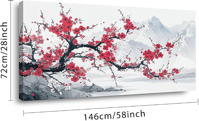 Red Plum Blossom Tree Wall Art for Living Room Canvas Oil Painting Prints Beautiful Blooming Flower Floral Mountain Landscape Deco Nature Artwork Office Bedroom Family Dining Room Decor Extra Large