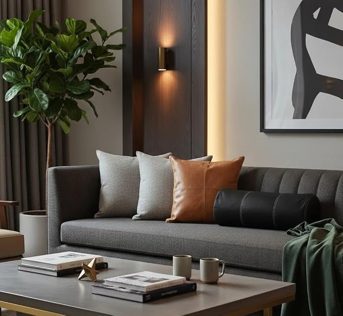 Genuine Leather Pillow Cover Case for Lumbar Throw Couch Pillows - Farmhouse Decorative Modern Sofa Thick & Soft Cushion Covers (Tan Antique, 24" x 24")