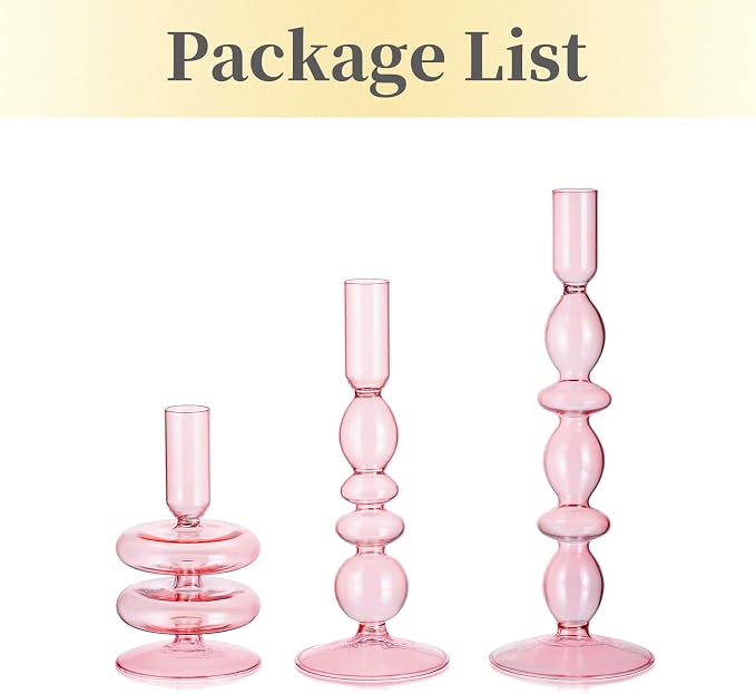Hewory Glass Pink Candlestick Holders: Set of 3 Taper Candle Holders Vintage Candle Stick Candleholder, Colorful Glass Bubble Candleholders for Table Centerpiece, Wedding, Dinner, Party, Home Decor