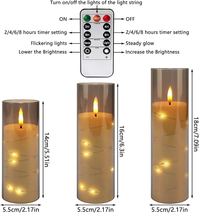 12-Pack Gray Acrylic Flameless LED Candles with Embedded String Lights - Remote Control for Holiday & Home Decor,Wedding.
