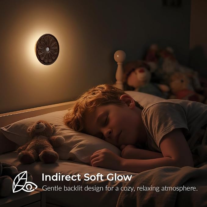 Wood Flower Motion Sensor Night Light, Mini Lamp with Embossed 3D Floral Surface, Rechargeable Warm Light, Stick-On Magnetic Mount for Home Decor, Bedroom, Hallway, Stair (Round Black Walnut *1Pack)