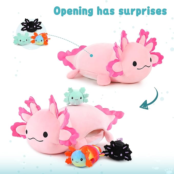 MaoGoLan Giant Axolotl Plush with 3 Babies Inside-23.5" Large Ultra Soft Stuffed Animals Throw Pillow-Squishy Plush Collection Gift for Axolotl Lover,Kids,Teens