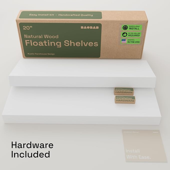 Solid Wood Floating Shelves for Wall 20 Inch White, Wooden Bathroom Shelf | Real Wood, Wall Mounted, Heavy-Duty, Bedroom Kitchen Living Room, Rustic, White Finish, 20W x 6.7D, Set of 2