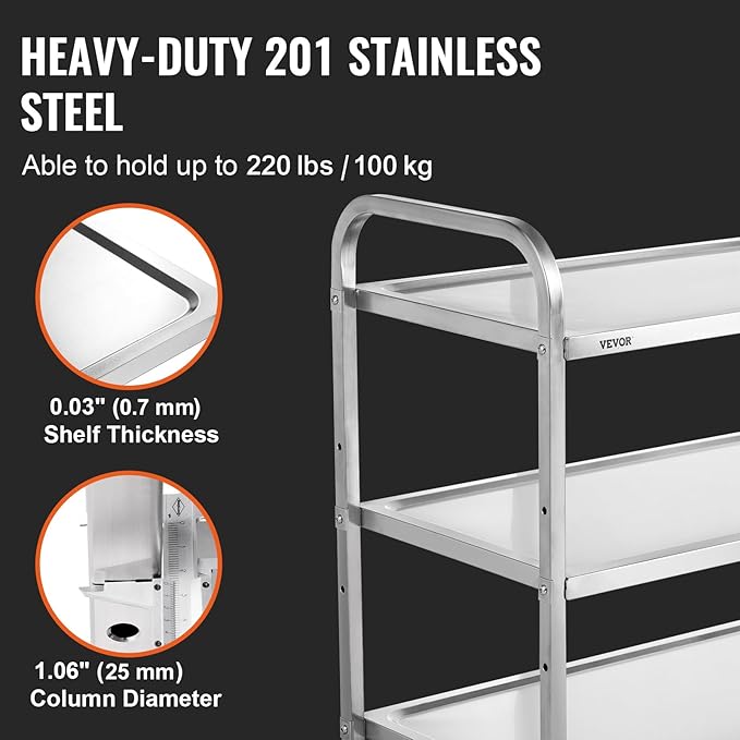 VEVOR Extra Large Utility Cart, 3 Tier Rolling Cart with Adjustable Shelf, Stainless Steel Kitchen Serving Cart with Swivel Casters Brake Wheels, Metal Food Storage Service Trolley, 37"L x 20"D x 37"H