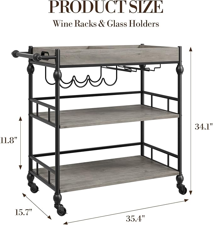 IDEALHOUSE Bar Cart, 3 Tier Bar Carts for Home with Wheels, Metal Rolling Serving Cart with Wine Rack & Glass Holder, Removable Tray and Storage Shelves for Kitchen, Dining Room, Living Room – Grey