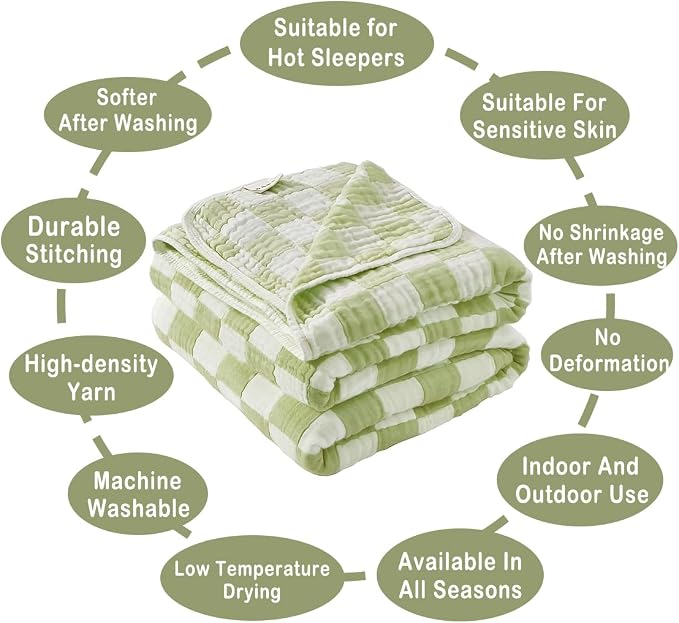 NIDITW Checkerboard Cotton Muslin Throw Blanket for Couch 6-Layer Checkered Gauze Blanket Soft Breathable All Season for Couch Bed Sofa (Matcha Green, King)
