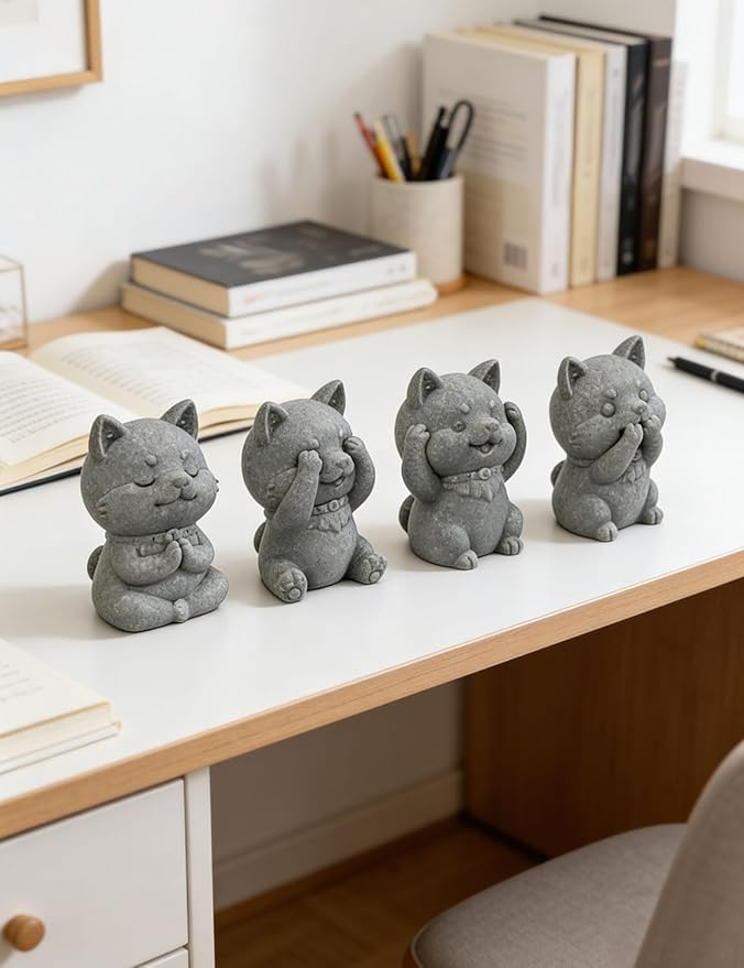 4 Piece Cute Dog Figurine Set, Sandstone See no Evil,Hear no Evil,Speak no Evil,Do no Evil Statues, Zen Garden/Desk Decor