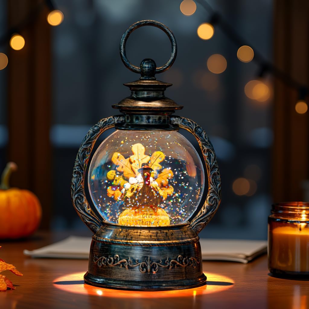 Fall Snow Globe Lantern - Thanksgiving Glittering Lighted Water Lantern, Fall Decorations Autumn Harvest Day Gifts, Home Halloween Christmas Decor (Turkey in Pumpkin)