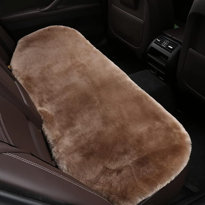 OGLAND Fuzzy Genuine Sheepskin Car Rear Seat Cover for Kids Dogs Pets Auto Bench Back Cushion Interior Accessories with Soft Fluffy Wool Natural Fur, Camel Brown