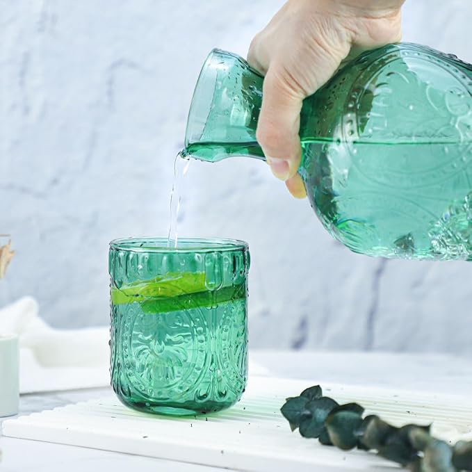 Retro Relief Glass Bedside Night Water Carafe with Tumbler Glass, Pitcher And Cup Night Set-Green