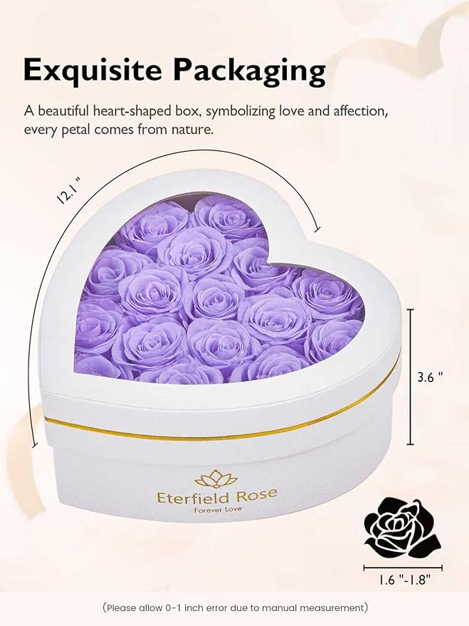 Eterfield 16 Forever Flowers in Heart Shape Box, Preserved Roses That Last a Year Preserved Flowers Birthday Gifts for Her Mom Women Wife Anniversary Valentines Day Mothers Day, Light Purple