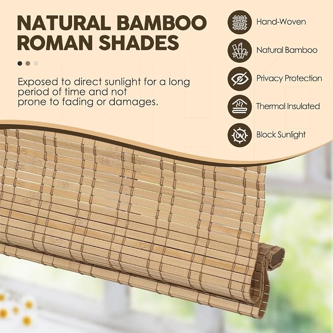 Cordless Bamboo Roman Shades, Light Filtering Bamboo Shades Blinds Window Treatment Roll Up Blind for Windows, 31" W x 64" H, Natural