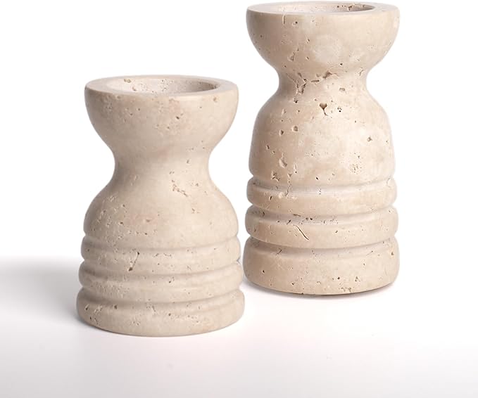Candle Holders Italy True Natural Travertine Stone Set of 2 Premium Marble Candlestick Holder for Wedding Dinning Party Candle Stand for Dia 3/4" Taper Pillar Candles Color Beige (CH6065YL)