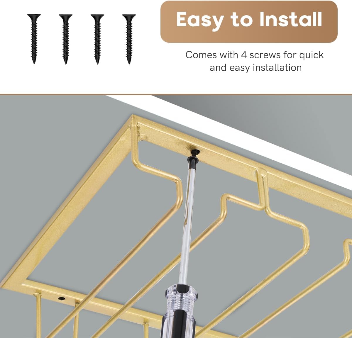 Xverycan Wine Glass Rack Under Cabinet, 6 Row Extreme Large Stemware Hanger, Metal Wine Goblet Holder, DIY Bar Glass Storage Rack for Bar Counter, Kitchen, Screws Included (Gold)