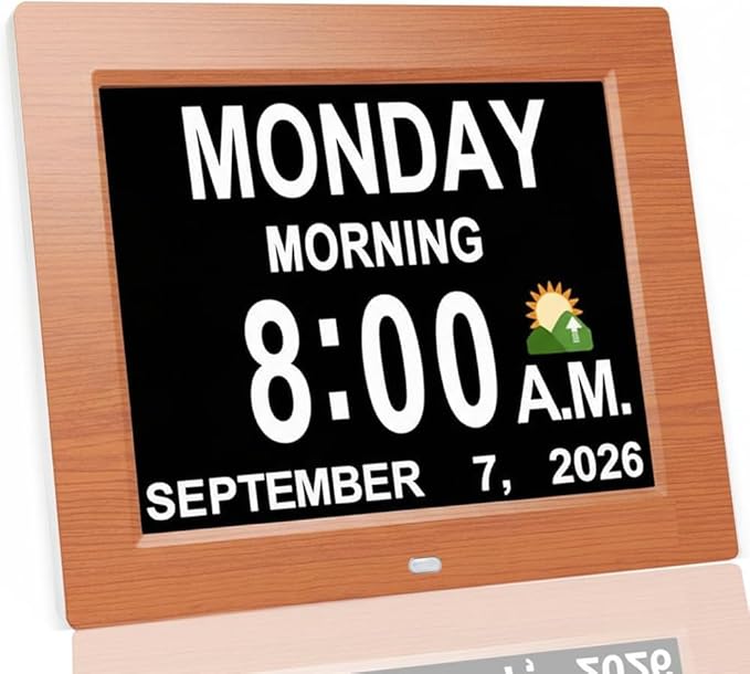 New 2026 Digital Calendar Alarm Day Clock - with 8" Large Screen Display, am pm, Multiple Alarms, for Impaired Vision People, The Aged Seniors, for Desk, Wall Mounted, Wood