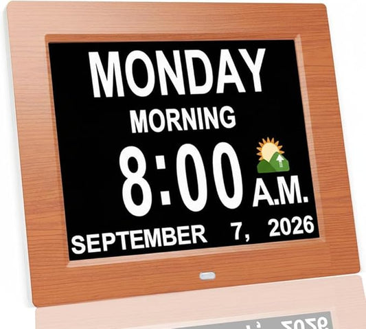 New 2026 Digital Calendar Alarm Day Clock - with 8" Large Screen Display, am pm, Multiple Alarms, for Impaired Vision People, The Aged Seniors, for Desk, Wall Mounted, Wood