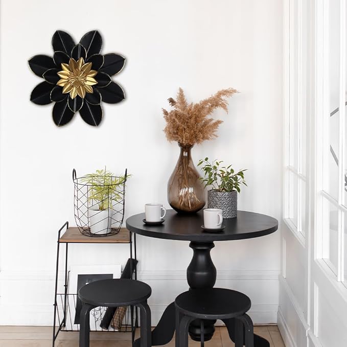 hogardeck Metal Flower Wall Decor, 16" Black & Gold Floral Metal Wall Art for Indoor Outdoor, Boho Modern Wall Decor for Bathroom, Living Room, Kitchen, Bedroom, Porch, Garden, Yard