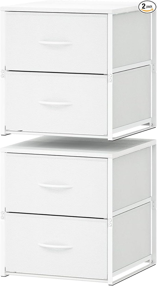 2 Pack Stackable Storage Closet Drawers, White Closet Organizers and Storage, Small Drawers for Closet with Wooden Top & Metal Frame, 2 Tier Modern Short Dresser for Bedroom,Dorm,Living Room, Office